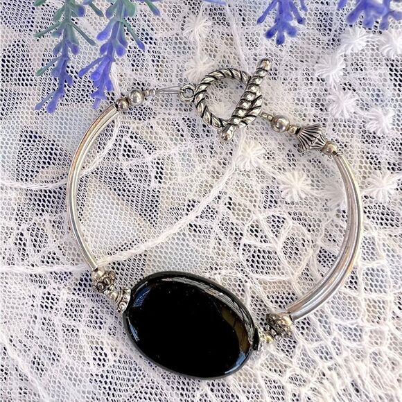 Vintage Natural Jet Black Obsidian Bracelet - Picture 2 of 10